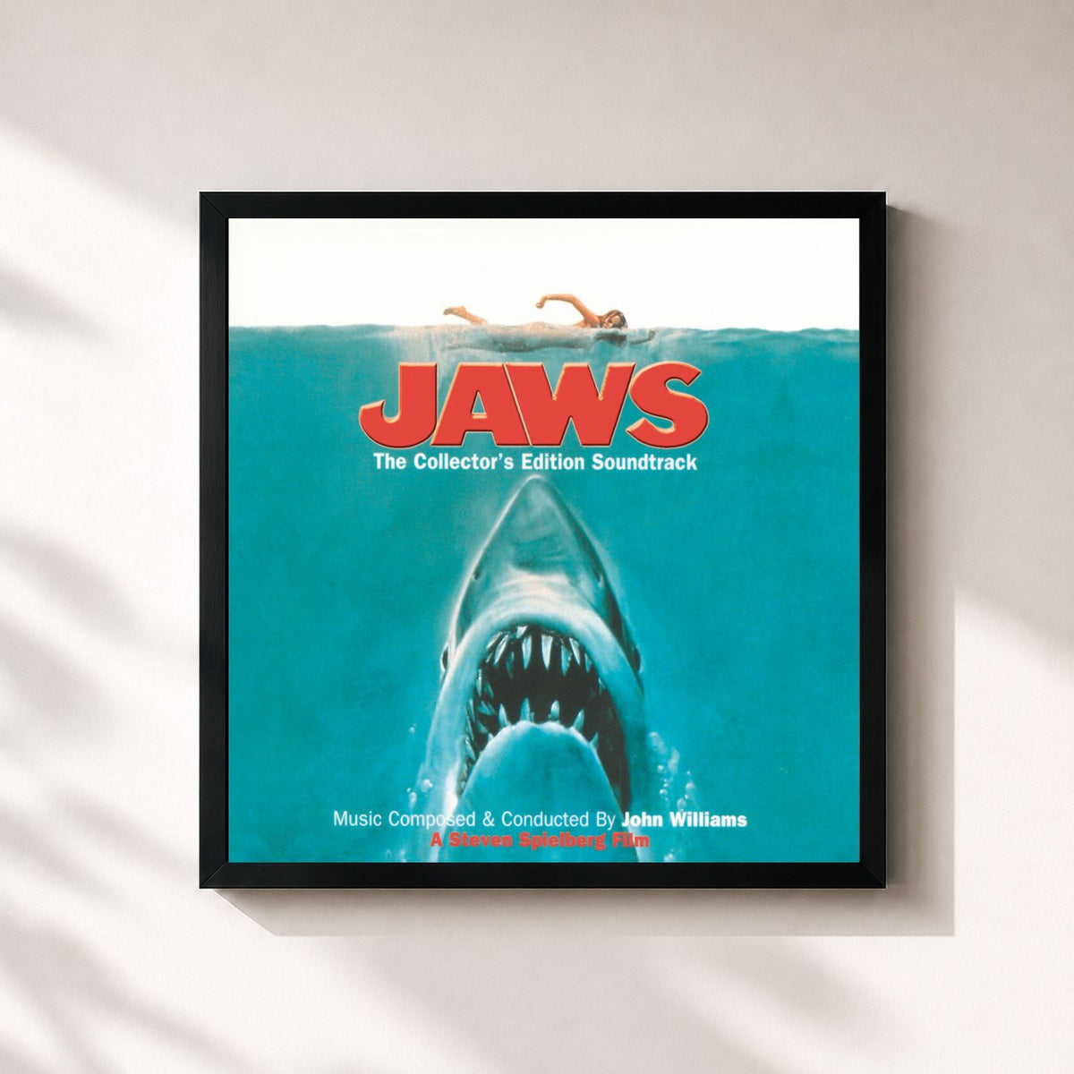 #noir Tableau carré de l'album Jaws (The Collector's Edition Soundtrack) de John Williams, cadre noir 32x32 cm