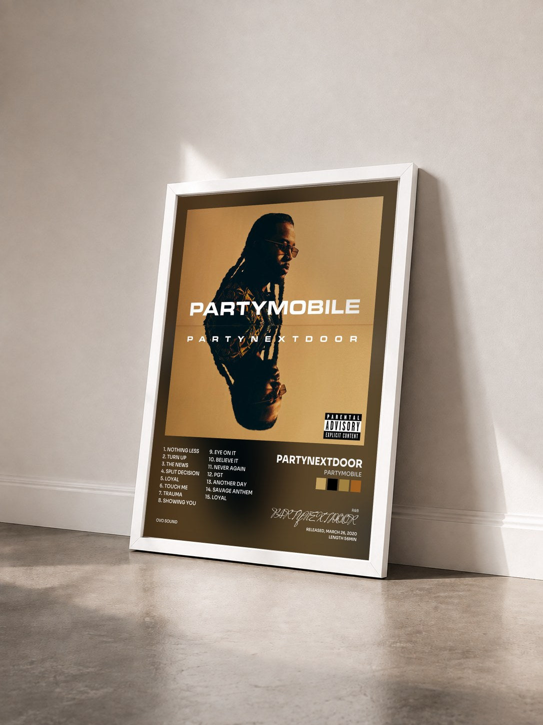 #blanc PARTYMOBILE von PARTYNEXTDOOR als gerahmter Kunstdruck von schräg gesehen, weißer Rahmen