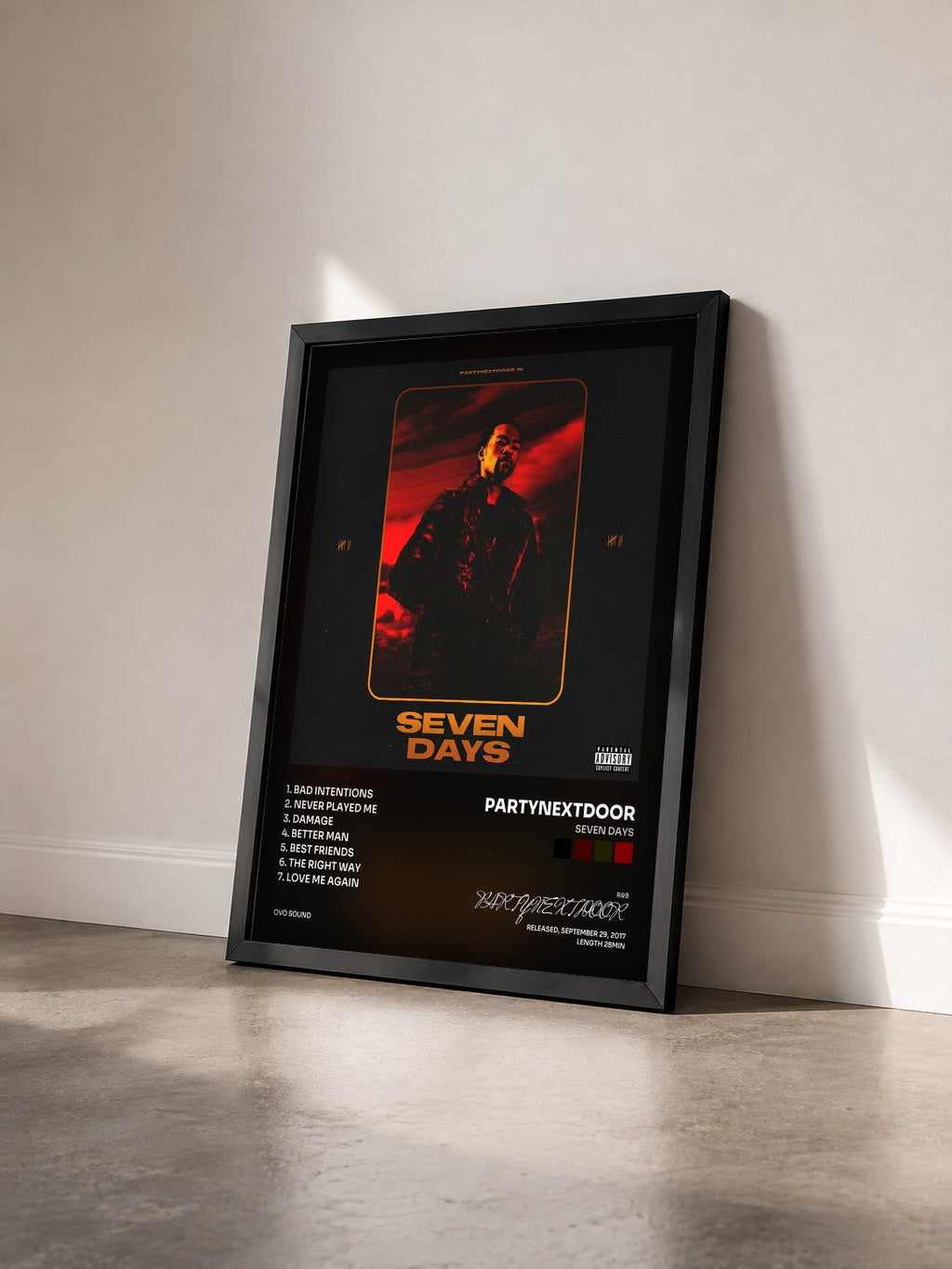 #noir Seven Days by PARTYNEXTDOOR as a framed art print seen at an angle, black frame