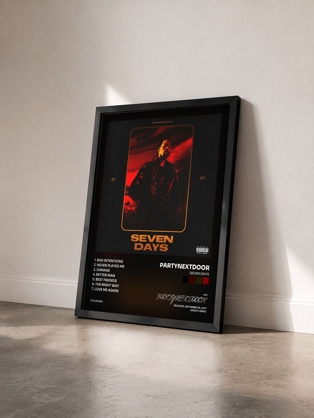 #noir Seven Days von PARTYNEXTDOOR als gerahmter Kunstdruck von schräg gesehen, schwarzer Rahmen