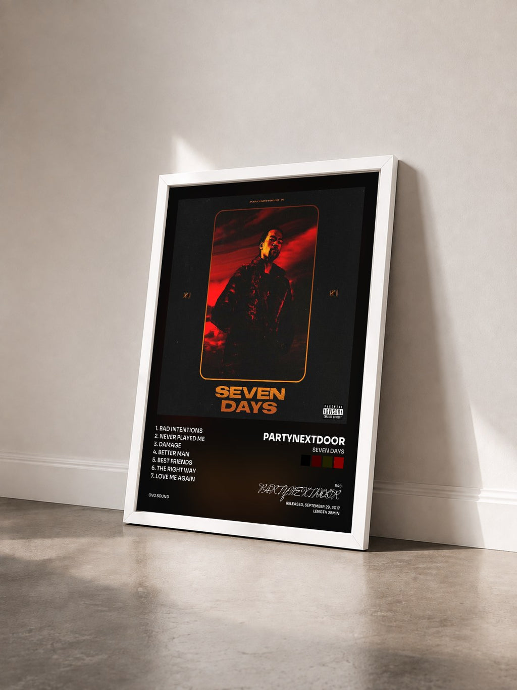 #blanc Seven Days by PARTYNEXTDOOR as a framed art print seen at an angle, white frame