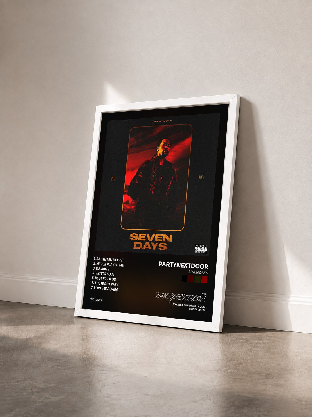 #blanc Seven Days von PARTYNEXTDOOR als gerahmter Kunstdruck von schräg gesehen, weißer Rahmen