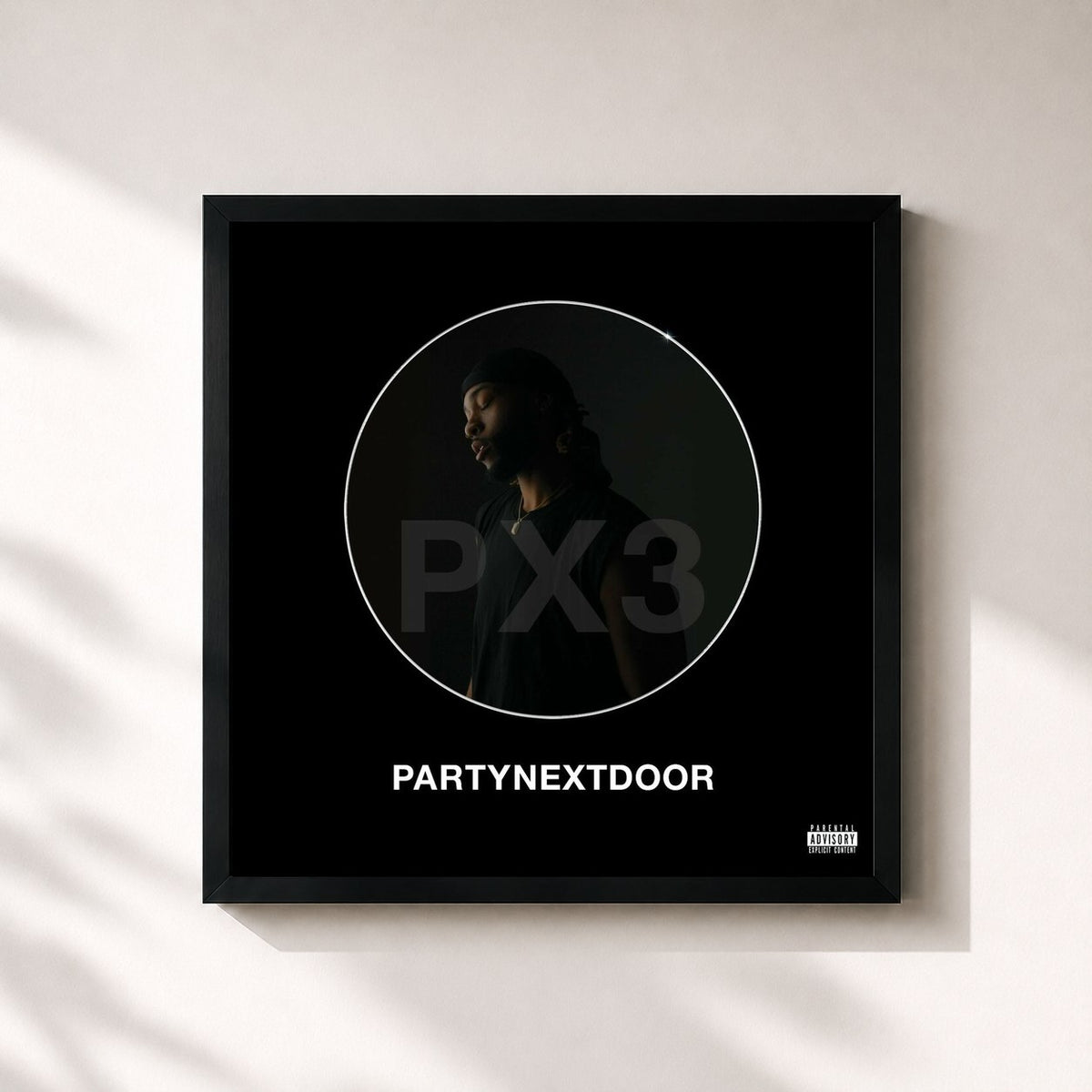 #noir PARTYNEXTDOOR 3 (P3) von PARTYNEXTDOOR als quadratischer Kunstdruck, schwarzer Rahmen 32x32 cm