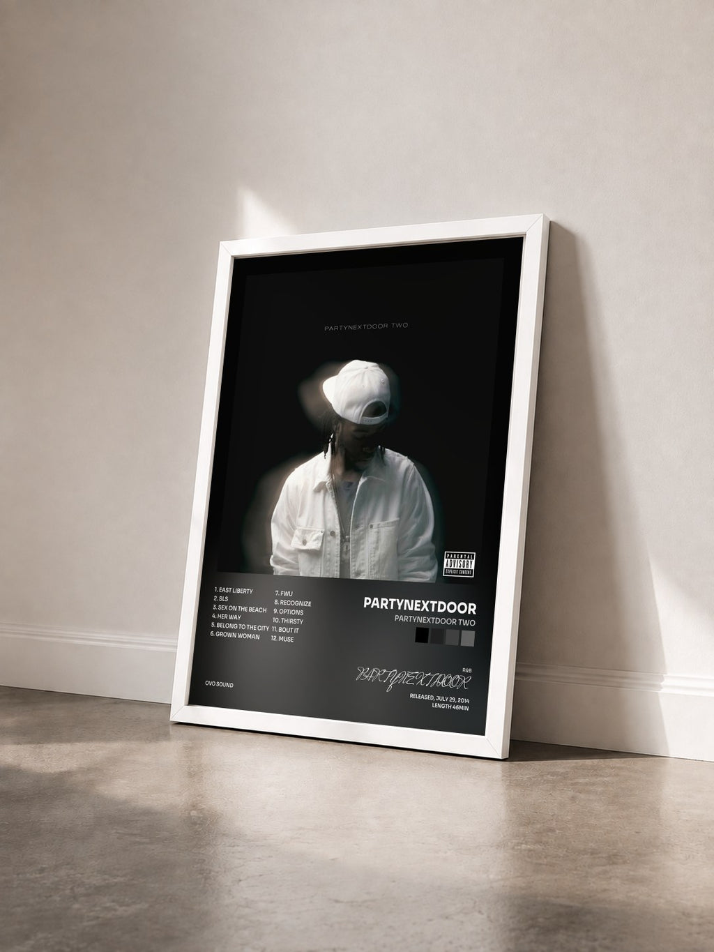 #blanc PARTYNEXTDOOR TWO by PARTYNEXTDOOR as a framed art print seen at an angle, white frame