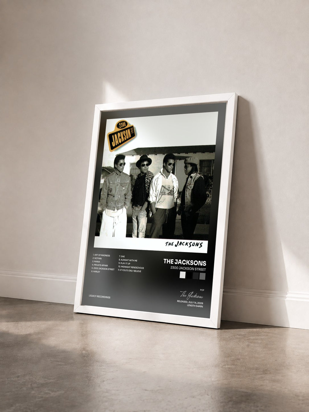#blanc Tableau de l'album 2300 Jackson Street de The Jacksons vu de trois quarts, cadre blanc