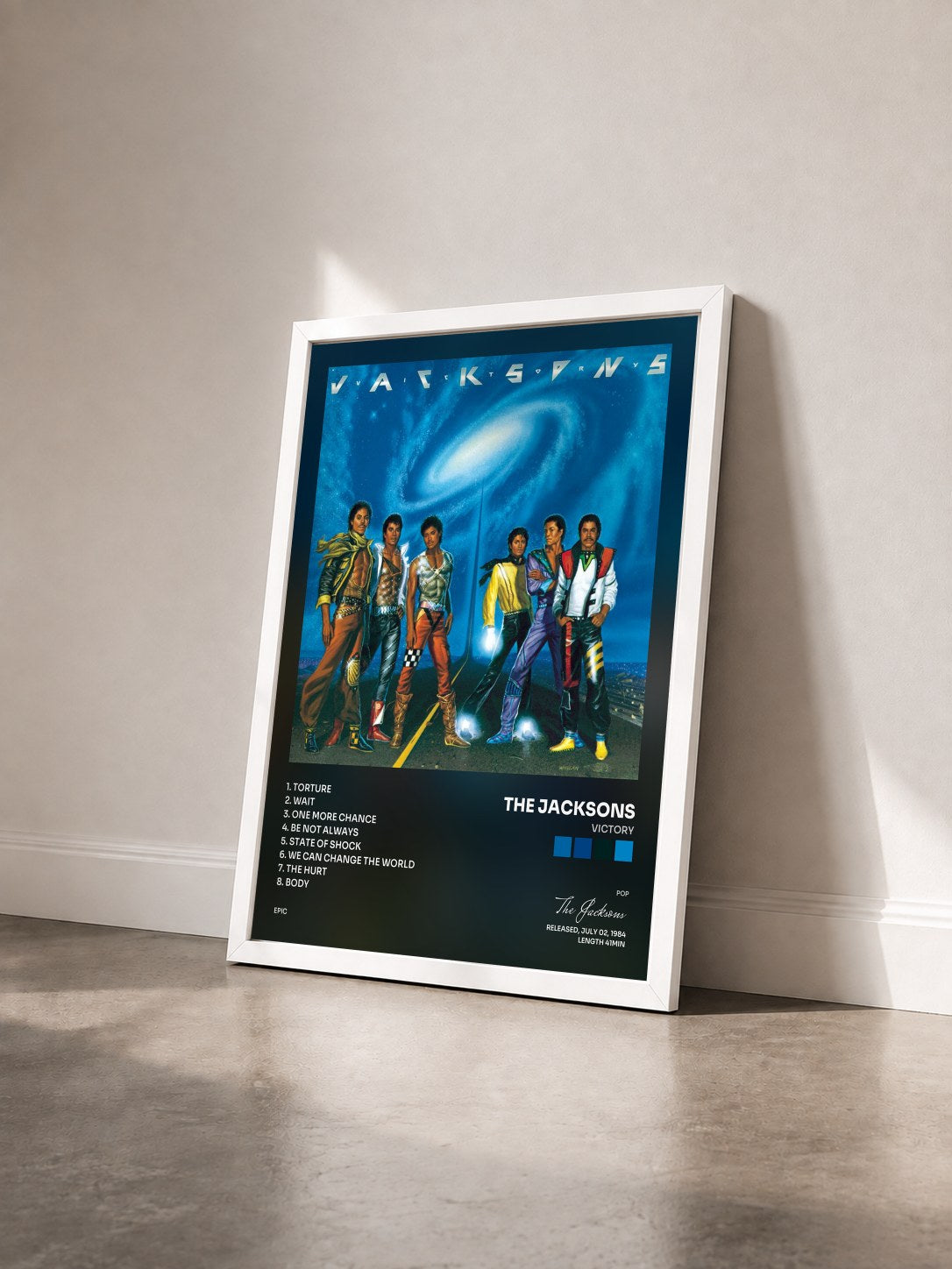 #blanc Tableau de l'album Victory de The Jacksons vu de trois quarts, cadre blanc
