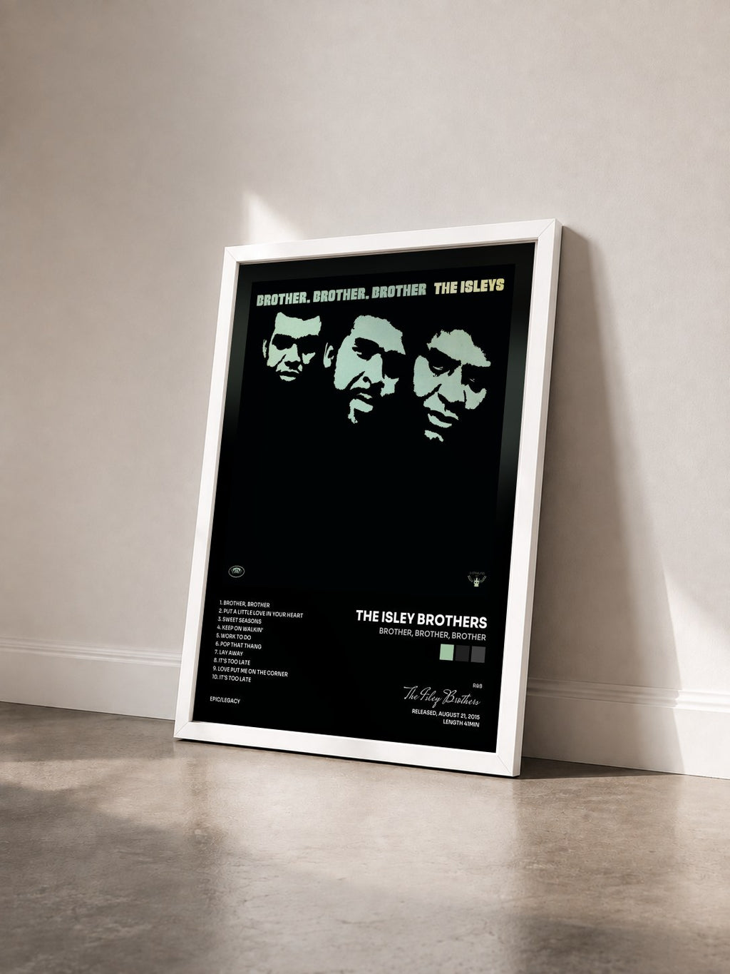 #blanc Tableau de l'album Brother, Brother, Brother de The Isley Brothers vu de trois quarts, cadre blanc