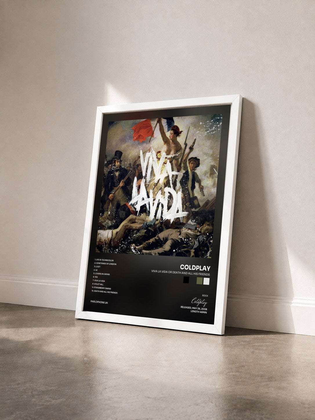 #blanc Viva La Vida or Death and All His Friends by Coldplay as a framed art print seen at an angle, white frame