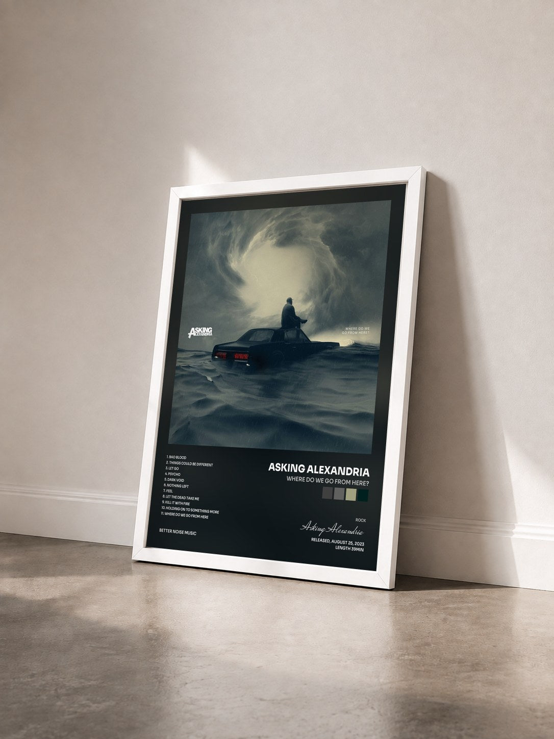 #blanc Tableau de l'album Where Do We Go From Here? de Asking Alexandria vu de trois quarts, cadre blanc