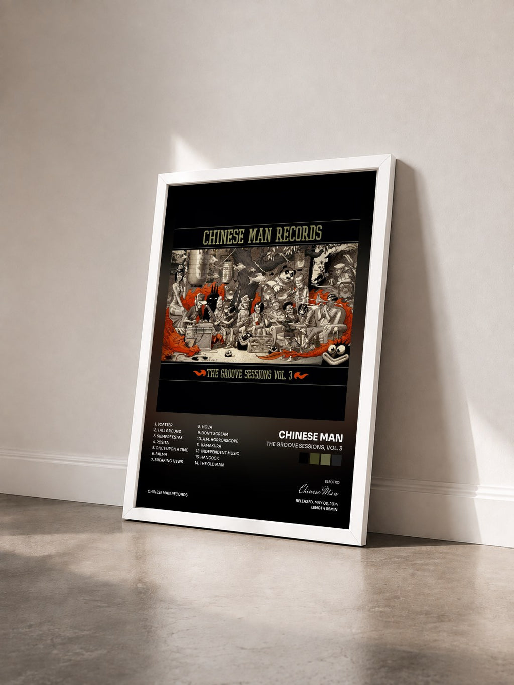 #blanc The Groove Sessions, Vol. 3 by Chinese Man as a framed art print seen at an angle, white frame