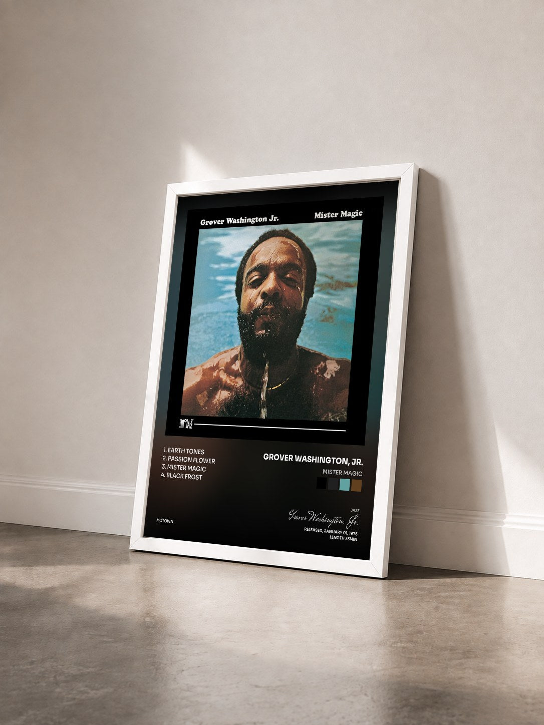 #blanc Tableau de l'album Mister Magic de Grover Washington, Jr. vu de trois quarts, cadre blanc