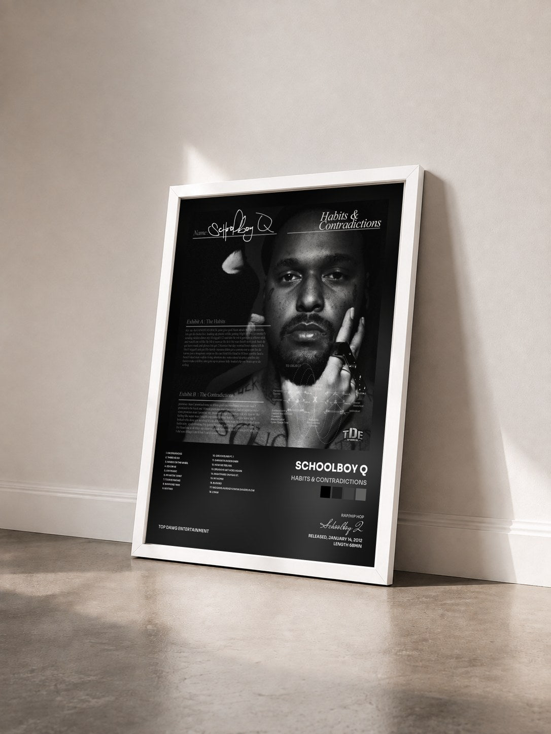 #blanc Tableau de l'album Habits & Contradictions de Schoolboy Q vu de trois quarts, cadre blanc