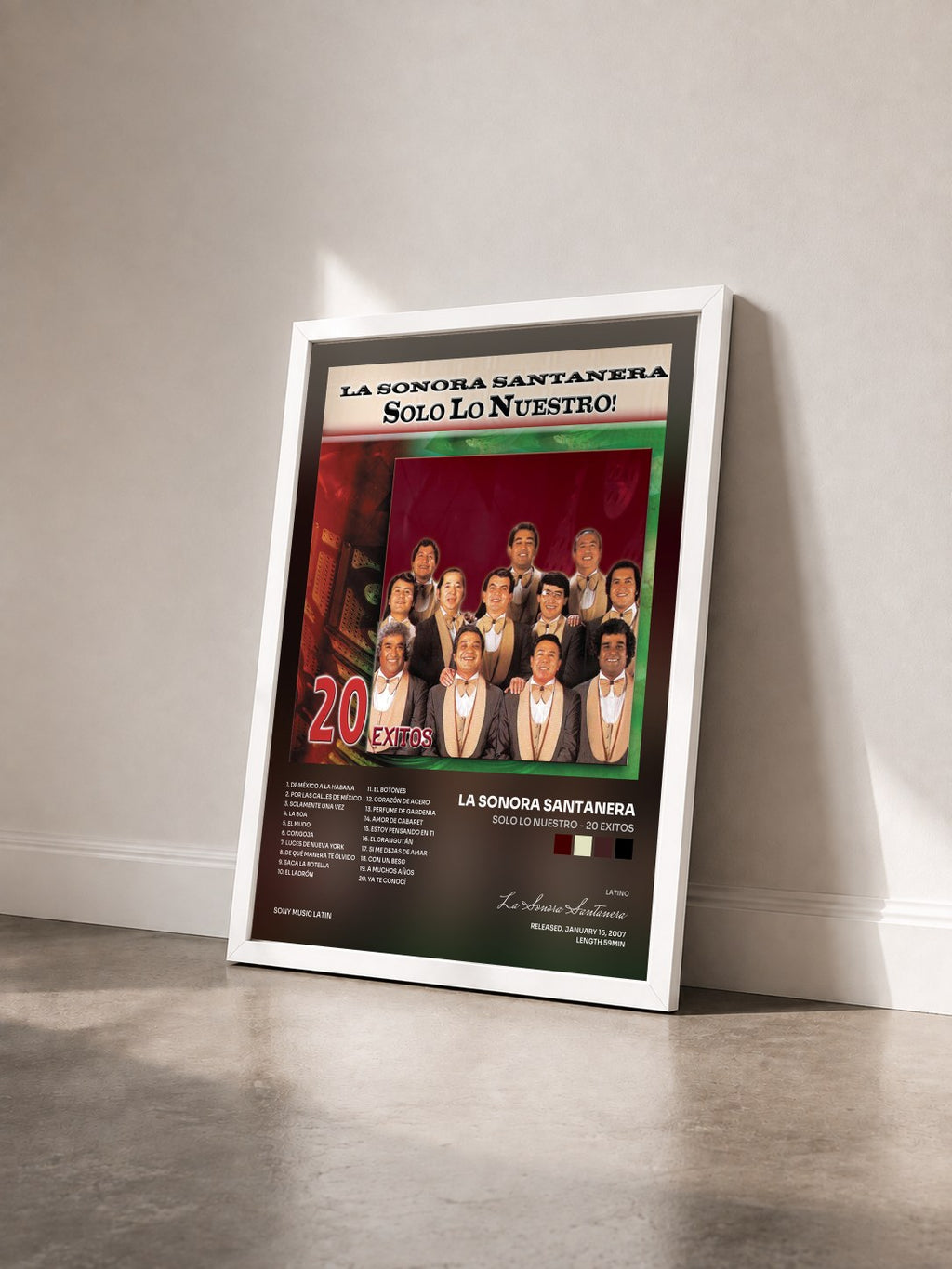 #blanc Solo Lo Nuestro - 20 Exitos by La Sonora Santanera as a framed art print seen at an angle, white frame