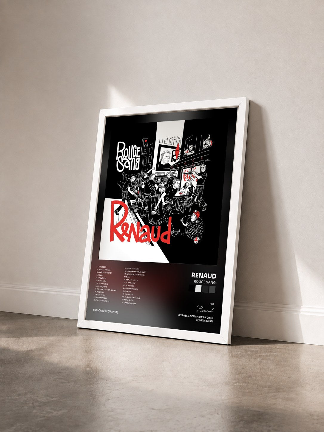 #blanc Tableau de l'album Rouge Sang de Renaud vu de trois quarts, cadre blanc