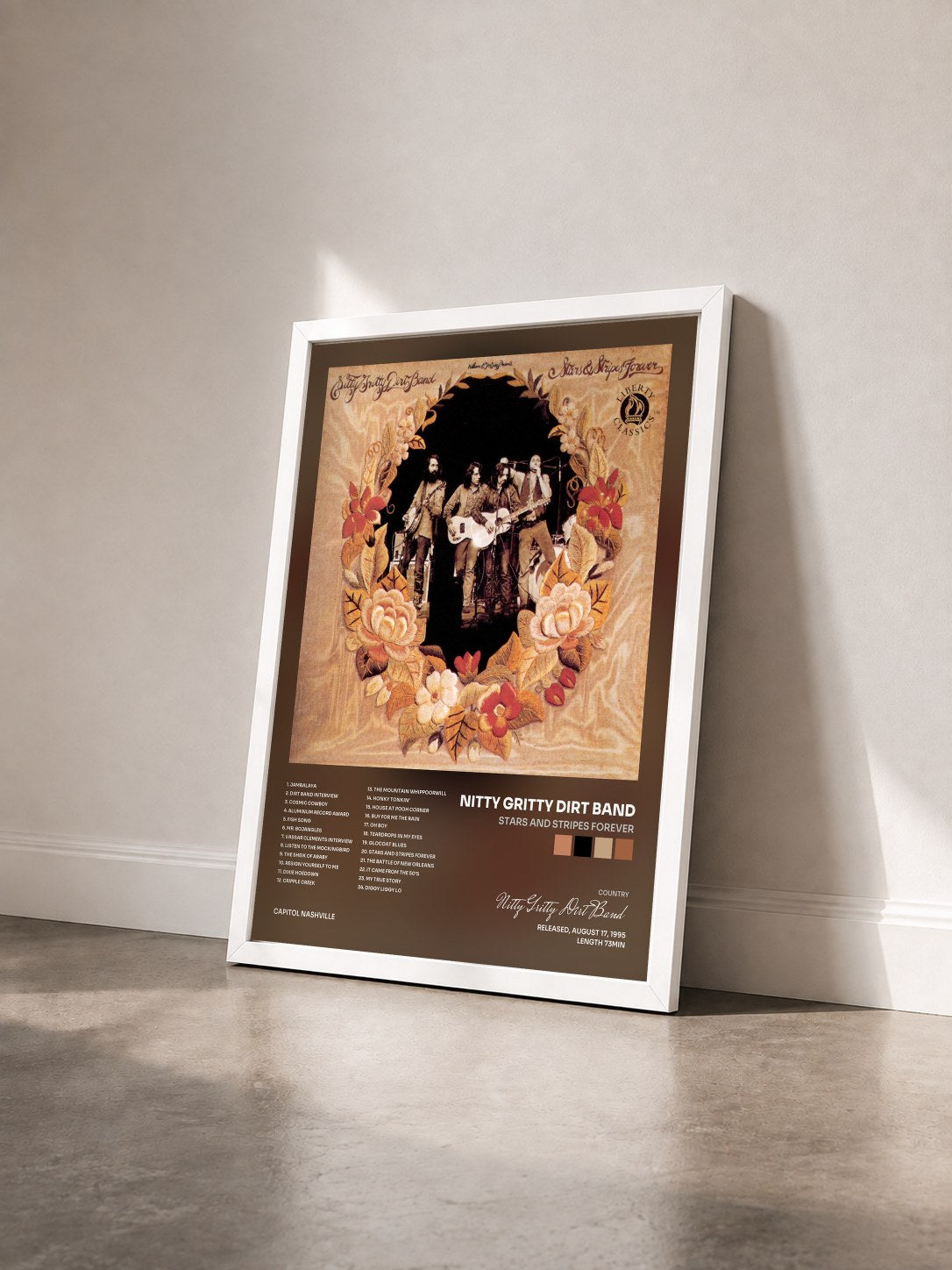 #blanc Tableau de l'album Stars And Stripes Forever de Nitty Gritty Dirt Band vu de trois quarts, cadre blanc