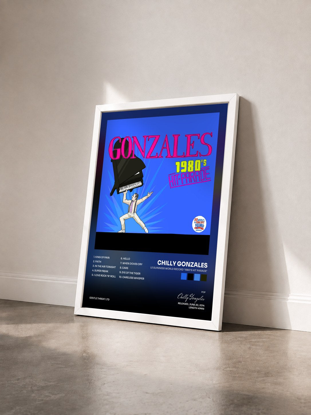 #blanc Tableau de l'album Le Guinness World Record '1980's Hit Parade' de Chilly Gonzales vu de trois quarts, cadre blanc