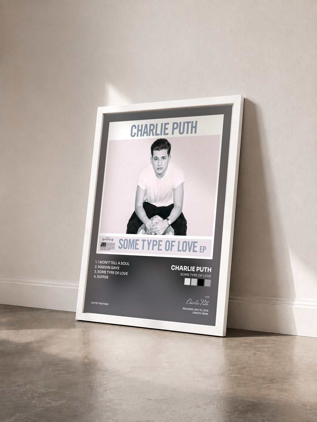 #blanc Tableau de l'album Some Type of Love de Charlie Puth vu de trois quarts, cadre blanc