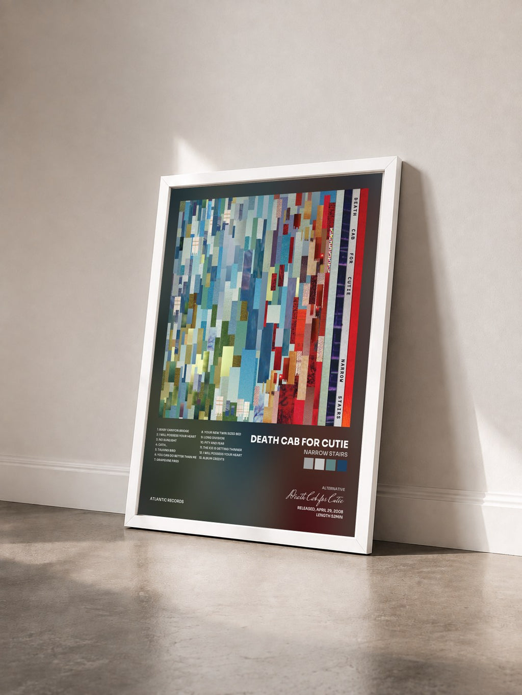 #blanc Tableau de l'album Narrow Stairs de Death Cab for Cutie vu de trois quarts, cadre blanc