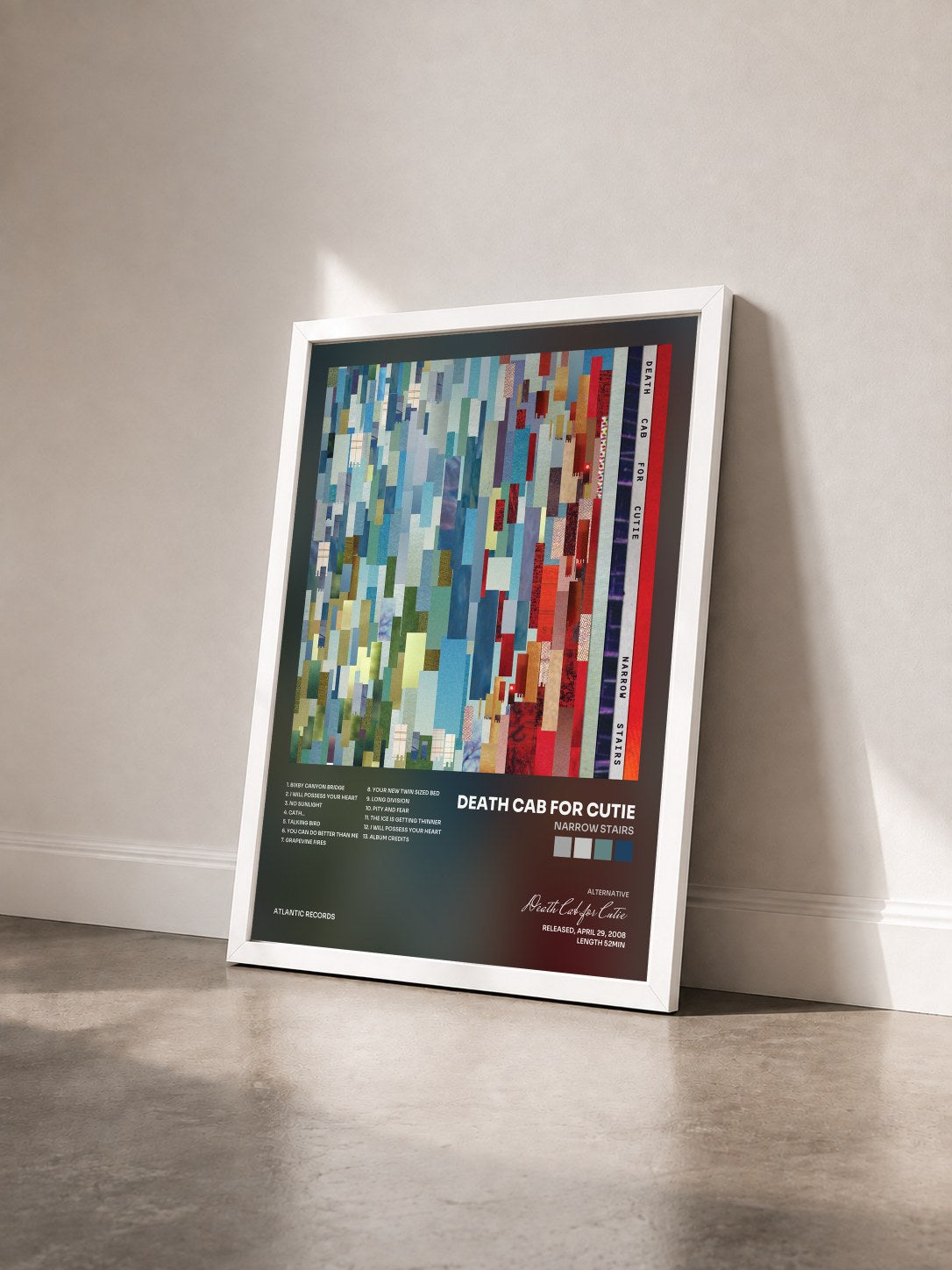 #blanc Tableau de l'album Narrow Stairs de Death Cab for Cutie vu de trois quarts, cadre blanc