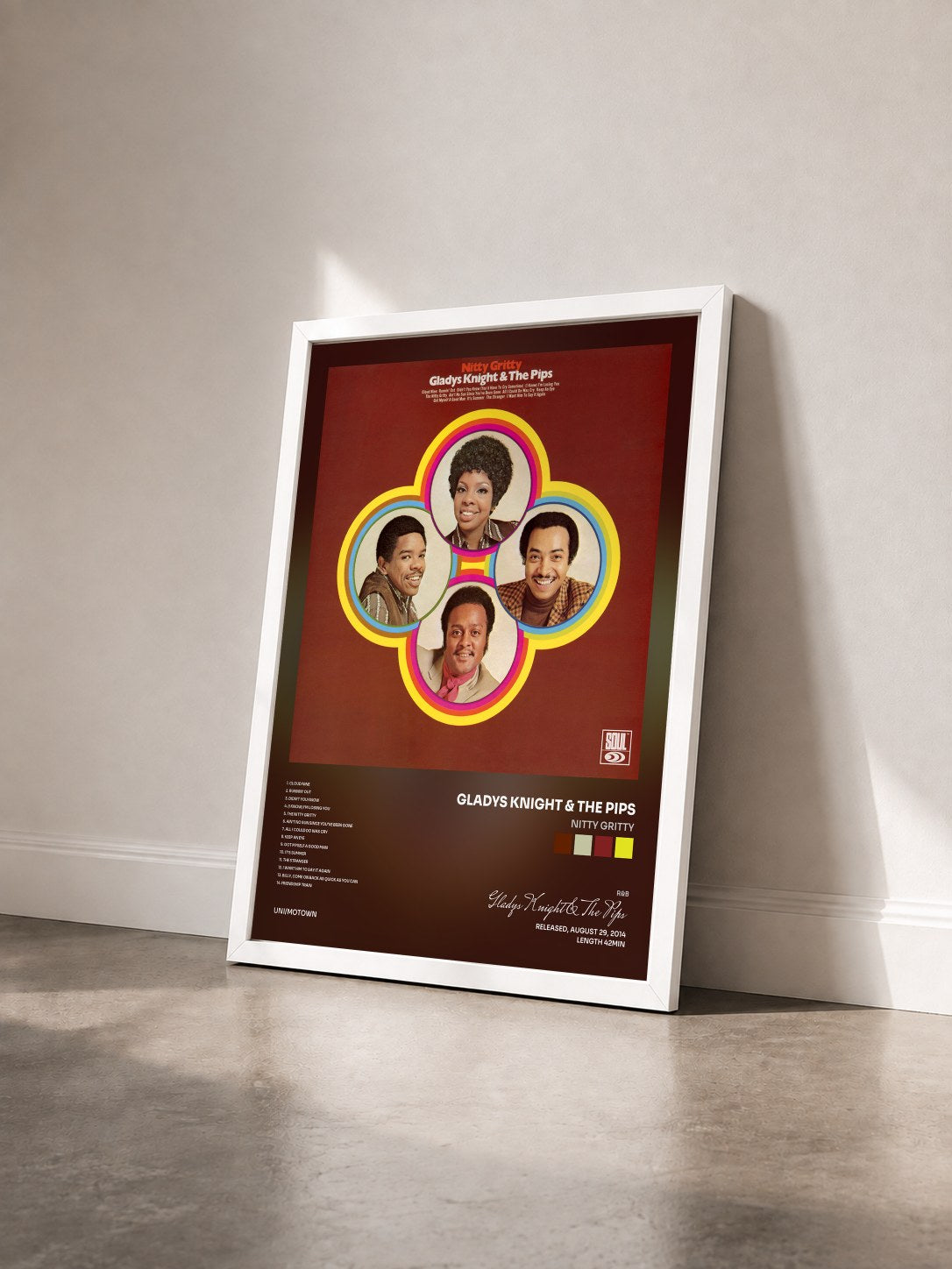 #blanc Tableau de l'album Nitty Gritty de Gladys Knight & The Pips vu de trois quarts, cadre blanc