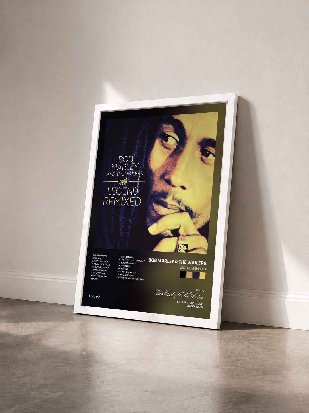 #blanc Tableau de l'album Legend Remixed de Bob Marley & The Wailers vu de trois quarts, cadre blanc