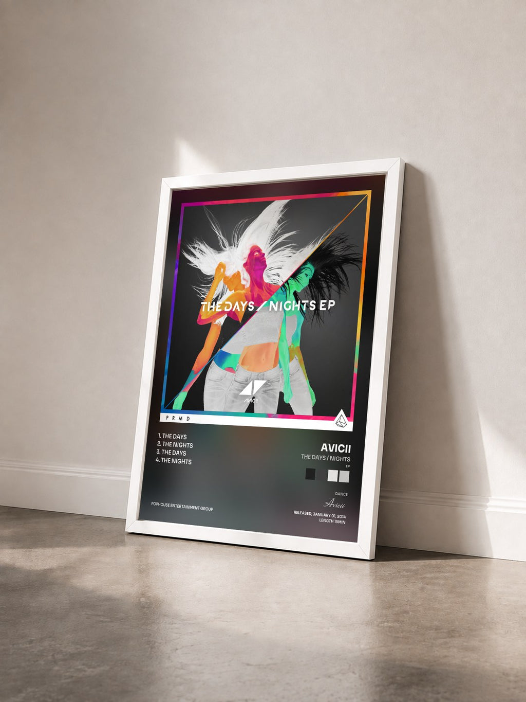 #blanc The Days / Nights (EP) de Avicii en lámina enmarcada vista de tres cuartos, marco blanco