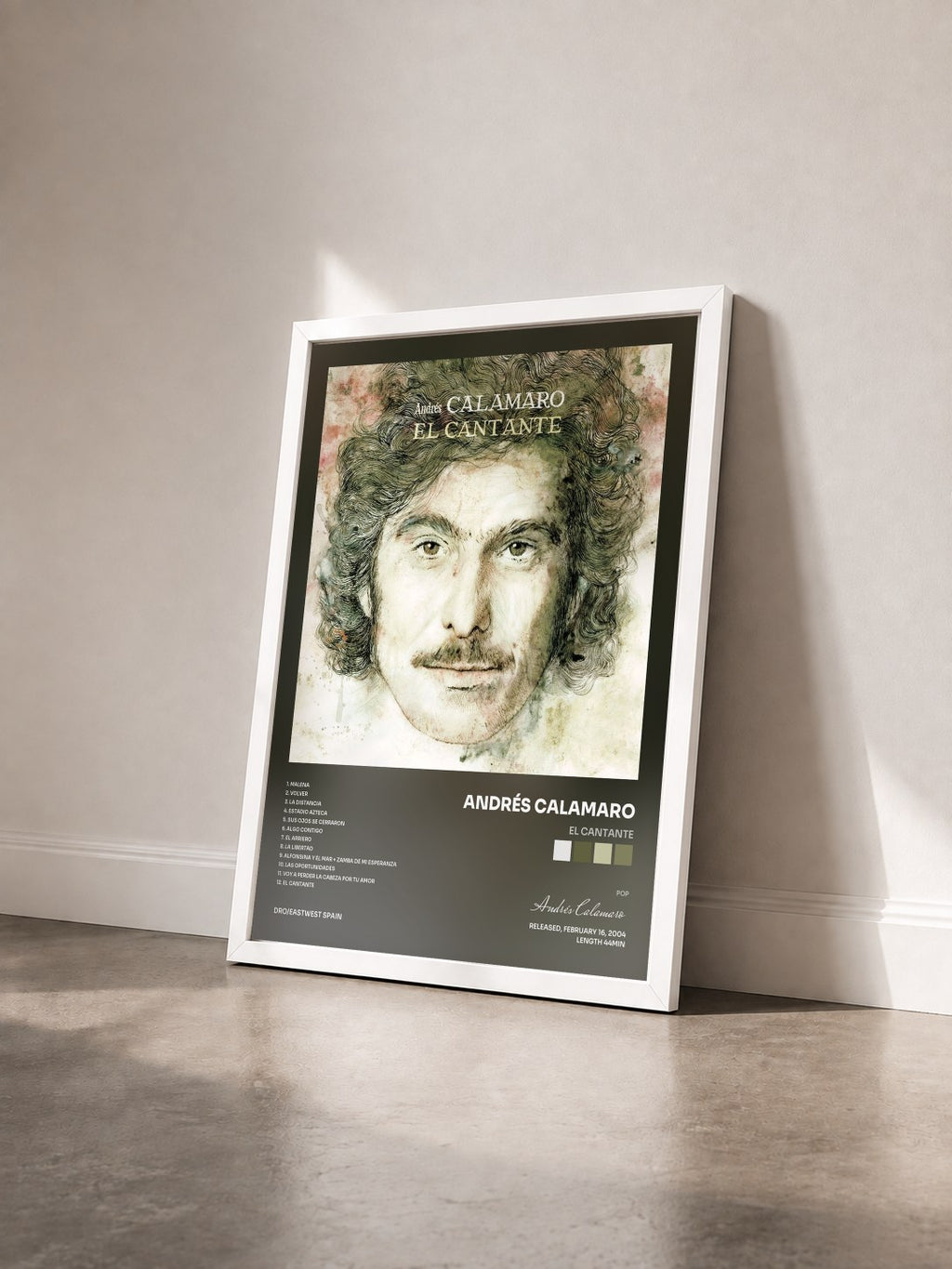 #blanc Tableau de l'album El cantante de Andrés Calamaro vu de trois quarts, cadre blanc