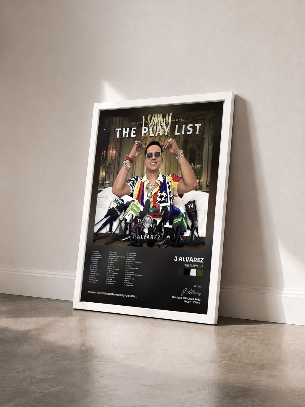 #blanc Tableau de l'album The Playlist de J Alvarez vu de trois quarts, cadre blanc