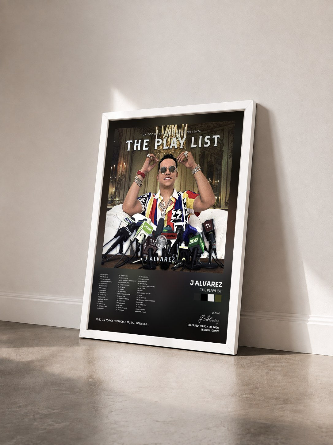 #blanc Tableau de l'album The Playlist de J Alvarez vu de trois quarts, cadre blanc