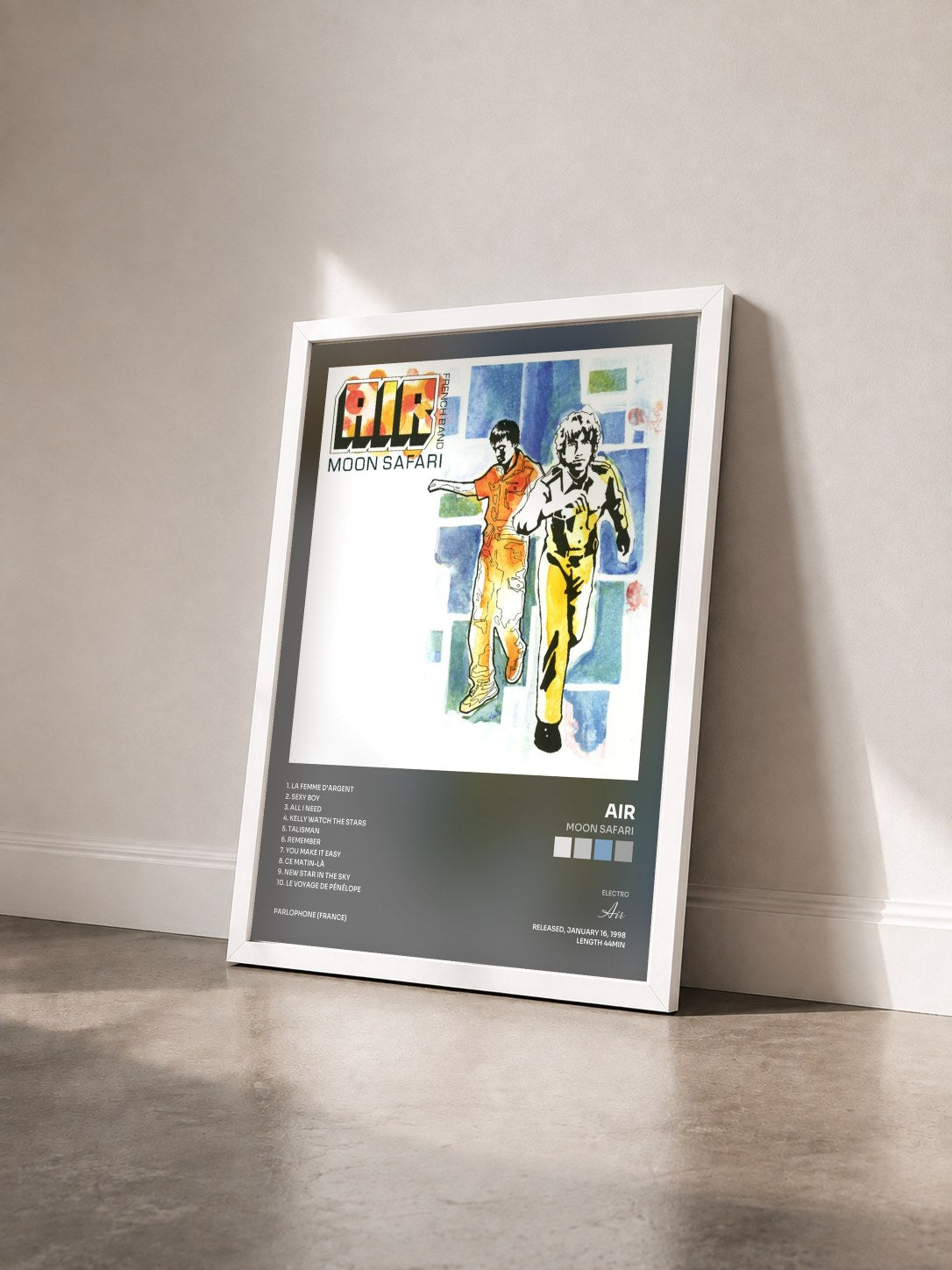 #blanc Tableau de l'album Moon Safari de Air vu de trois quarts, cadre blanc