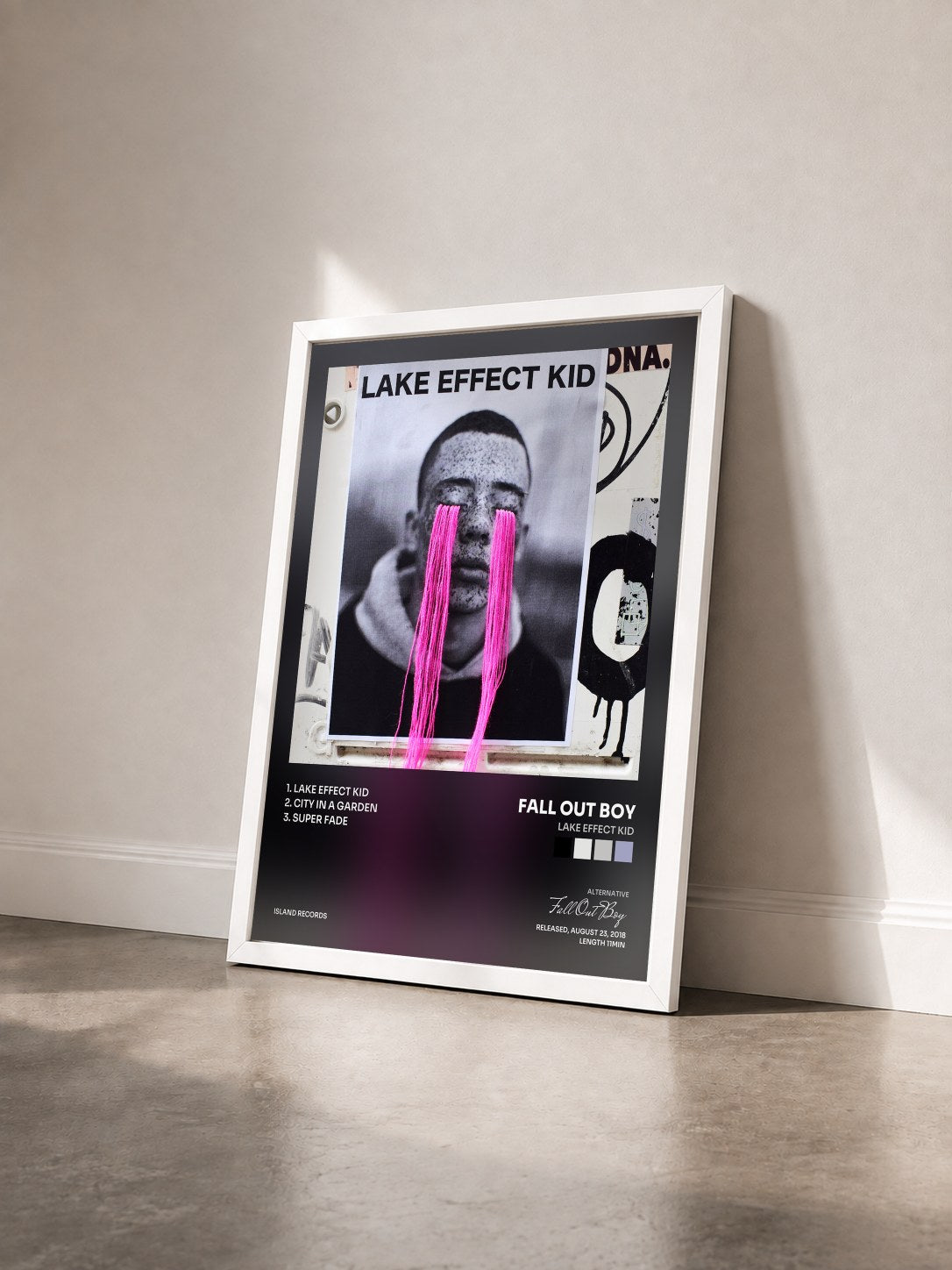 #blanc Lake Effect Kid by Fall Out Boy as a framed art print seen at an angle, white frame