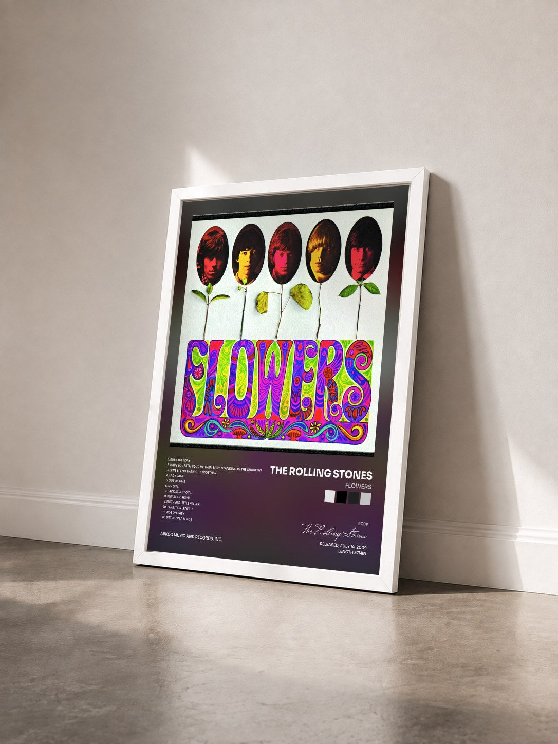 #blanc Tableau de l'album Flowers de The Rolling Stones vu de trois quarts, cadre blanc