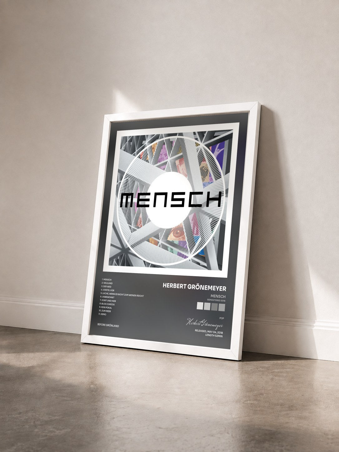 #blanc Tableau de l'album Mensch (Remastered 2016) de Herbert Grönemeyer vu de trois quarts, cadre blanc