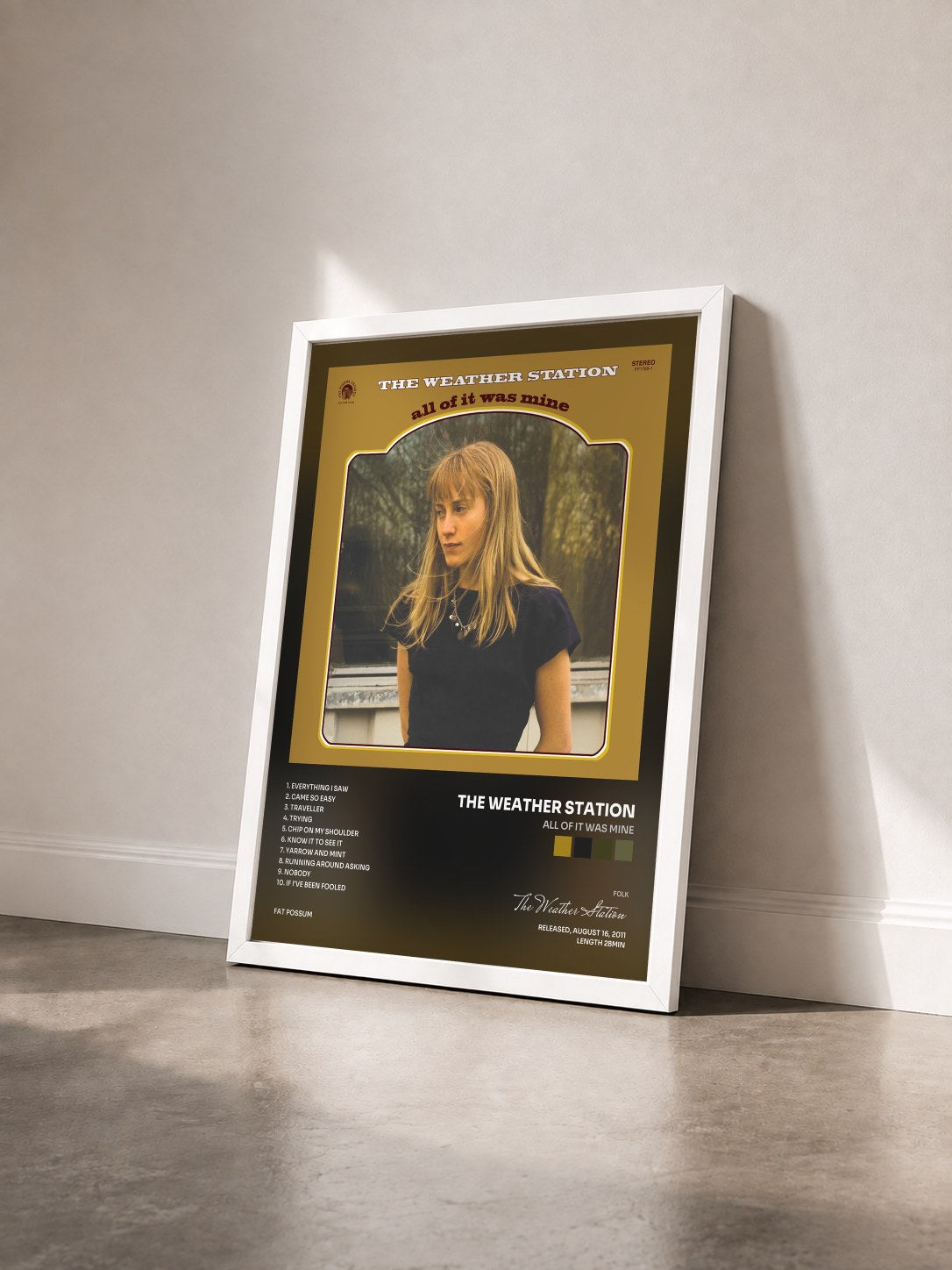 #blanc Tableau de l'album All of It Was Mine de The Weather Station vu de trois quarts, cadre blanc