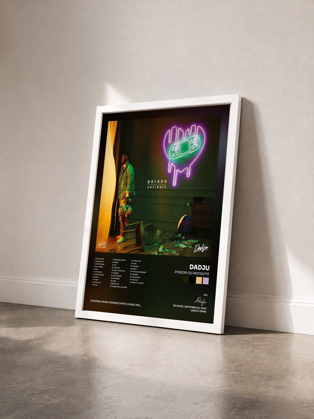 #blanc Poison Ou Antidote by Dadju as a framed art print seen at an angle, white frame