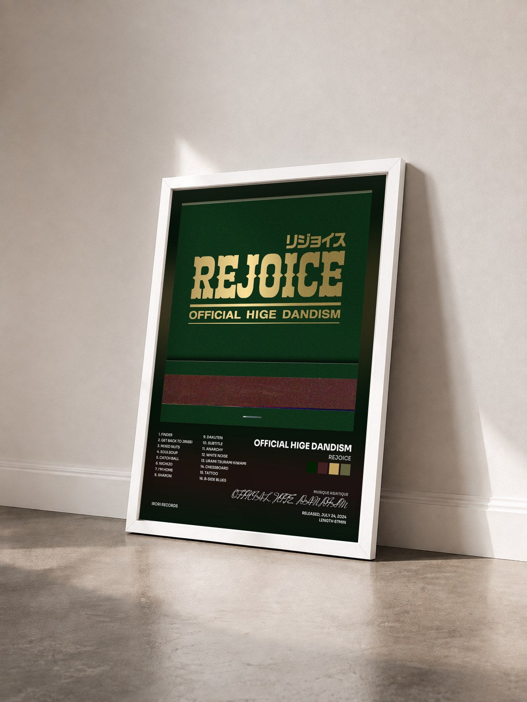 #blanc Tableau de l'album Rejoice de OFFICIAL HIGE DANDISM vu de trois quarts, cadre blanc