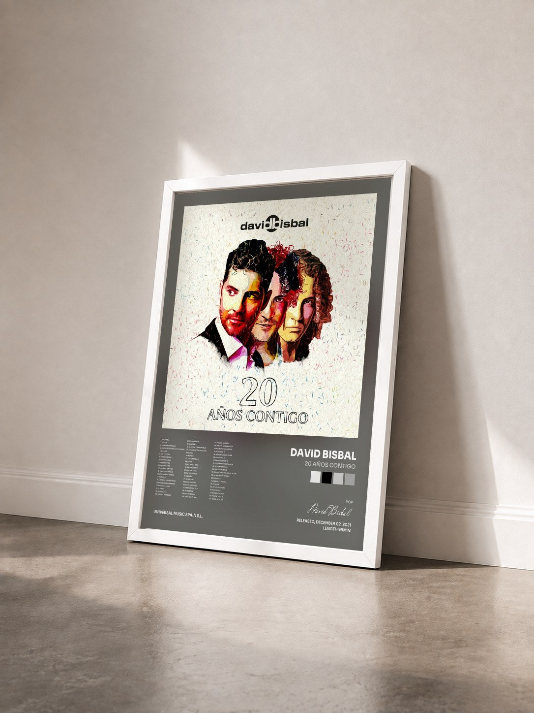 #blanc Tableau de l'album 20 Años Contigo de David Bisbal vu de trois quarts, cadre blanc