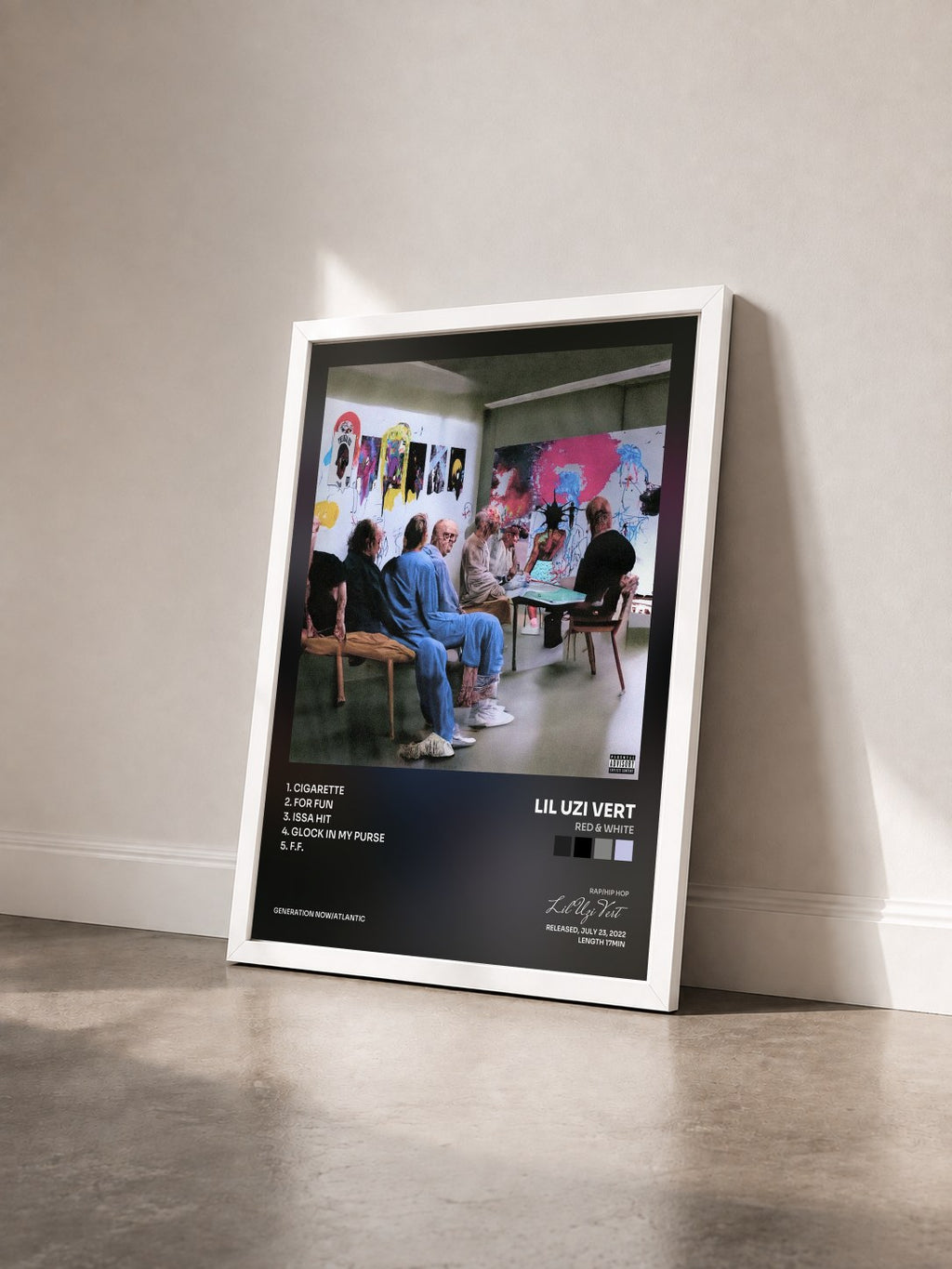 #blanc Tableau de l'album RED & WHITE de Lil Uzi Vert vu de trois quarts, cadre blanc