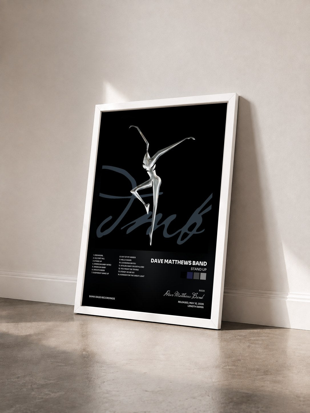 #blanc Tableau de l'album Stand Up de Dave Matthews Band vu de trois quarts, cadre blanc