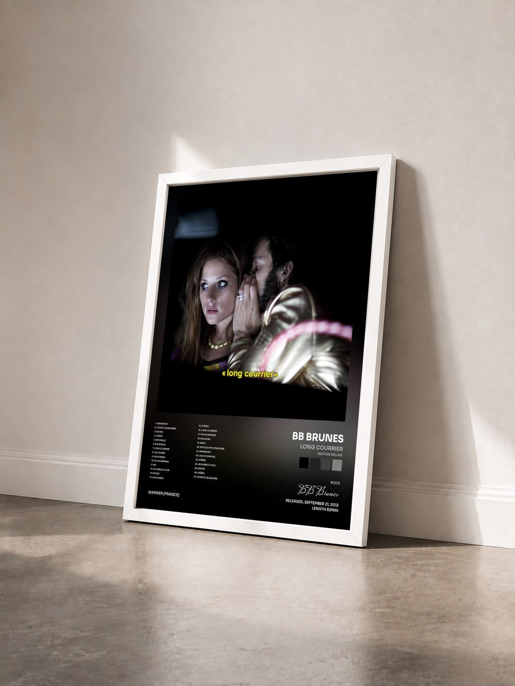 #blanc Tableau de l'album Long courrier (Edition Deluxe) de BB Brunes vu de trois quarts, cadre blanc