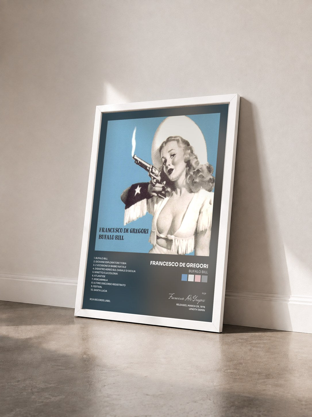 #blanc Tableau de l'album Bufalo Bill de Francesco De Gregori vu de trois quarts, cadre blanc