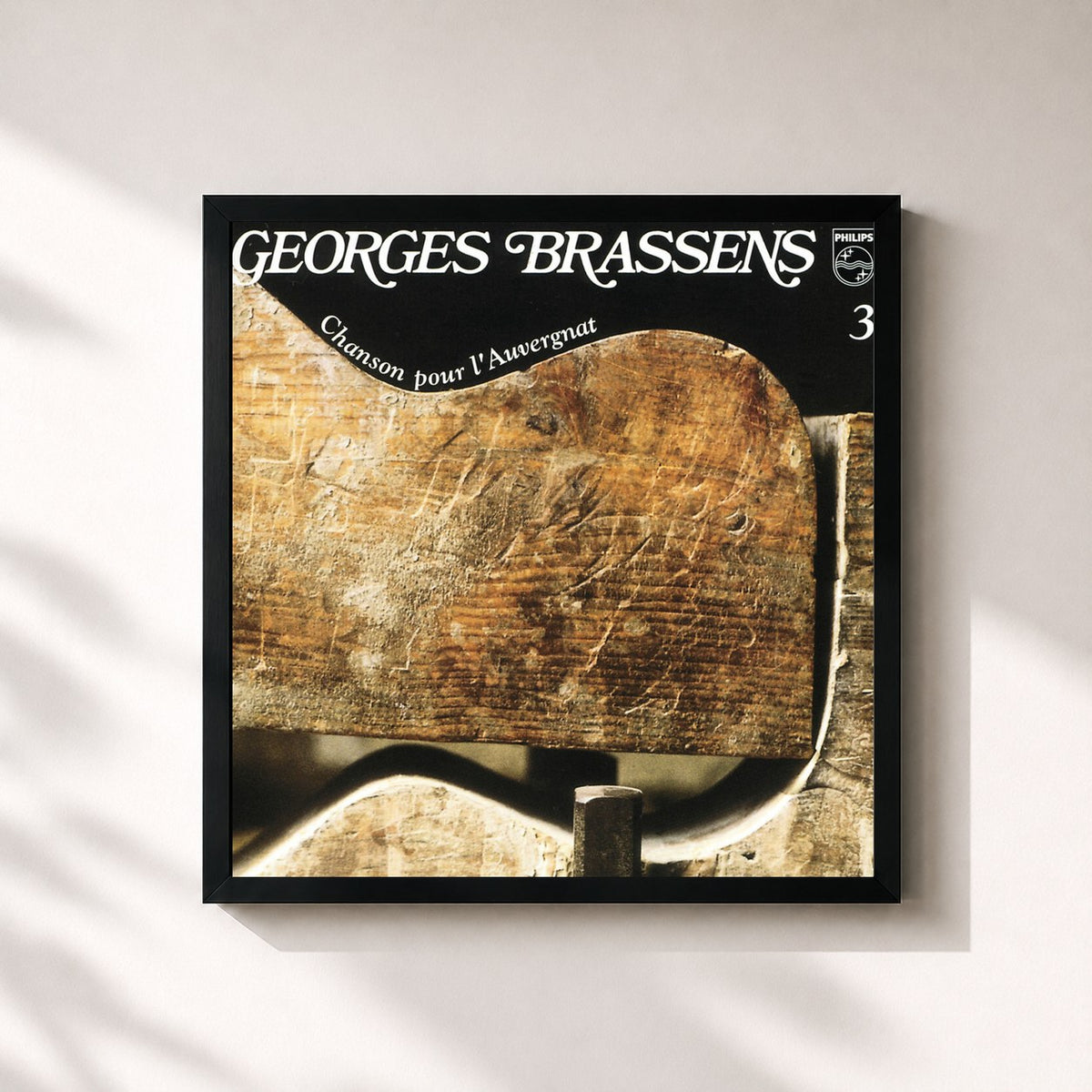 #noir Tableau carré de l'album Chanson Pour L'Auvergnat Vol 3 de Georges Brassens, cadre noir 32x32 cm