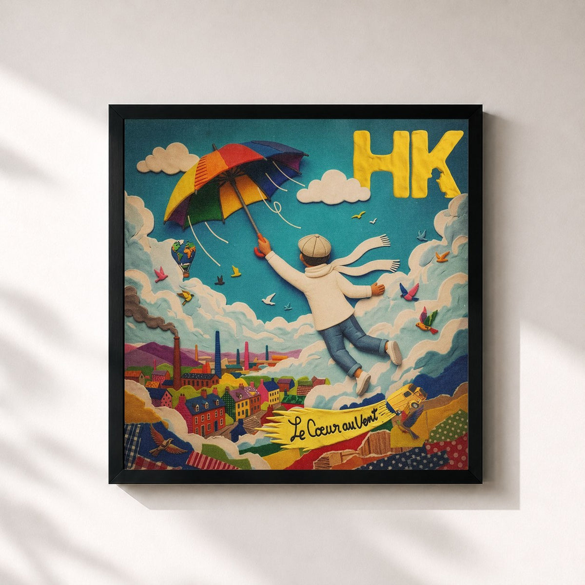 #noir Tableau carré de l'album Le coeur au vent de HK, cadre noir 32x32 cm