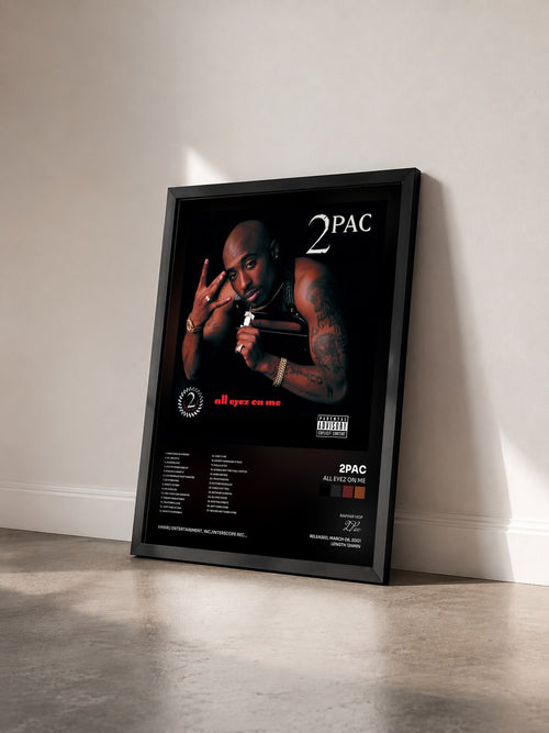 #noir All Eyez On Me by 2Pac as a framed art print seen at an angle, black frame