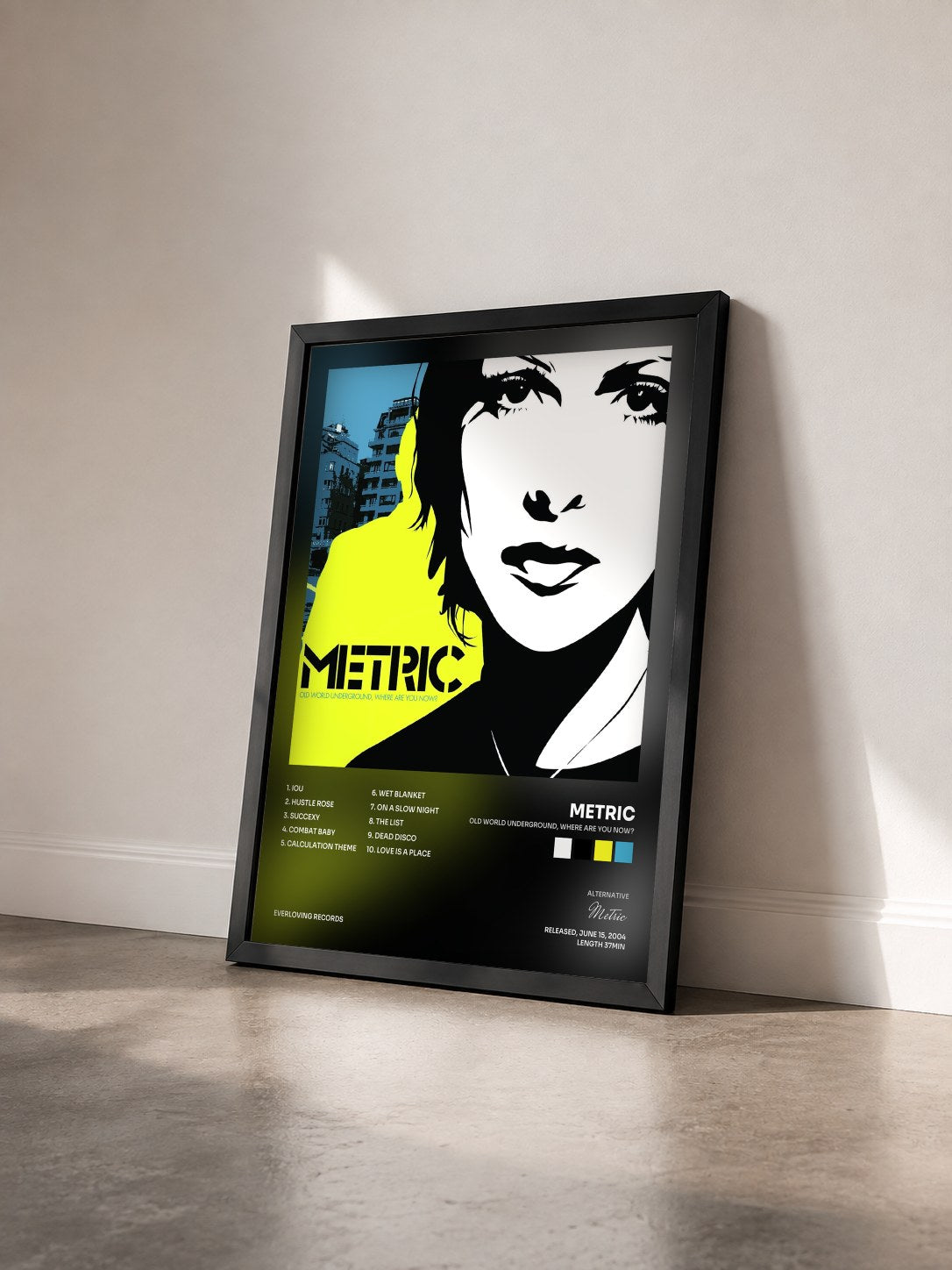 #noir Tableau de l'album Old World Underground, Where Are You Now? de Metric vu de trois quarts, cadre noir