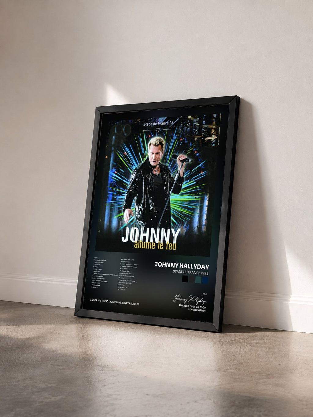 #noir Stade De France 1998 di Johnny Hallyday in stampa incorniciata vista di tre quarti, cornice nera