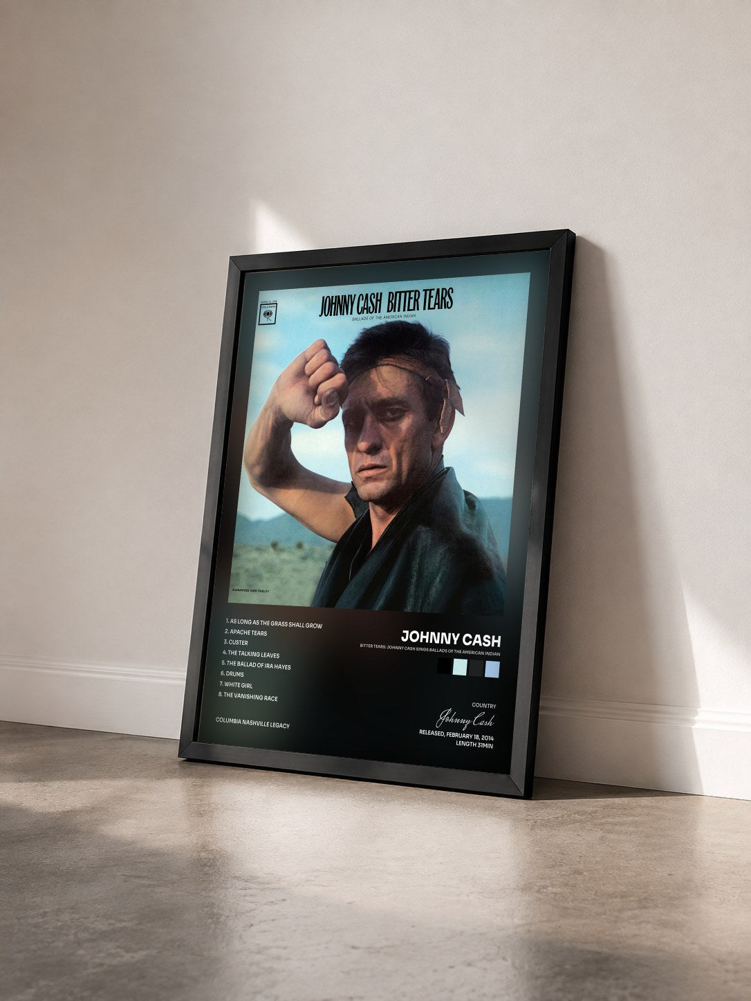 #noir Tableau de l'album Bitter Tears: Johnny Cash Sings Ballads Of The American Indian de Johnny Cash vu de trois quarts, cadre noir