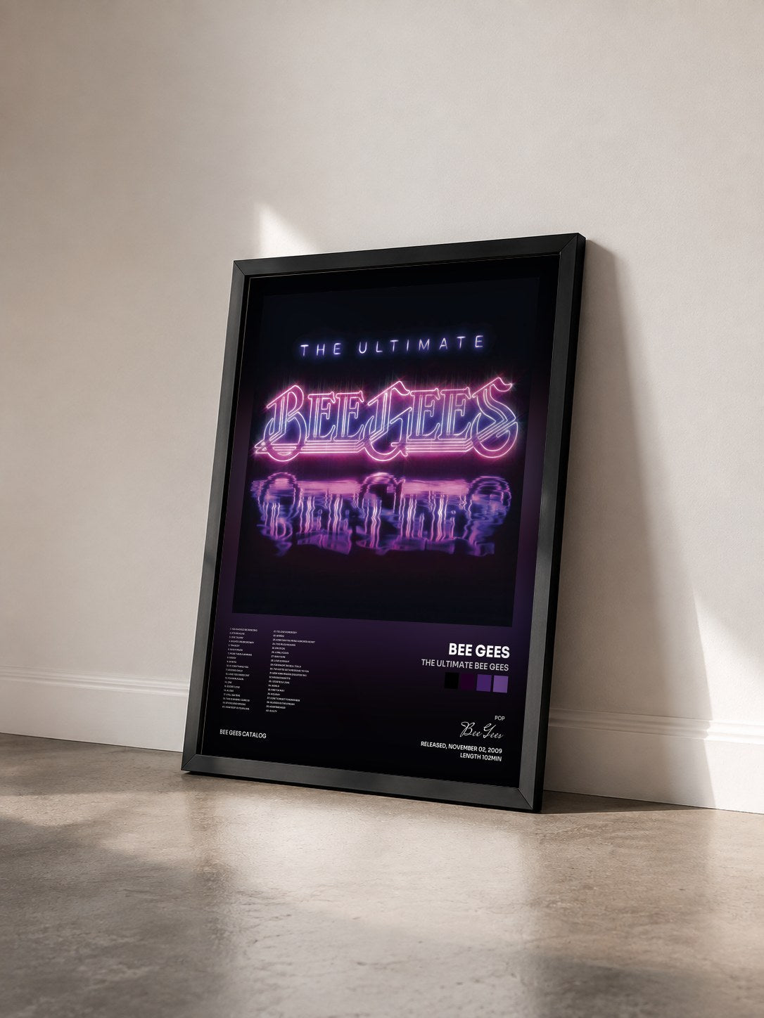 #noir The Ultimate Bee Gees by Bee Gees as a framed art print seen at an angle, black frame
