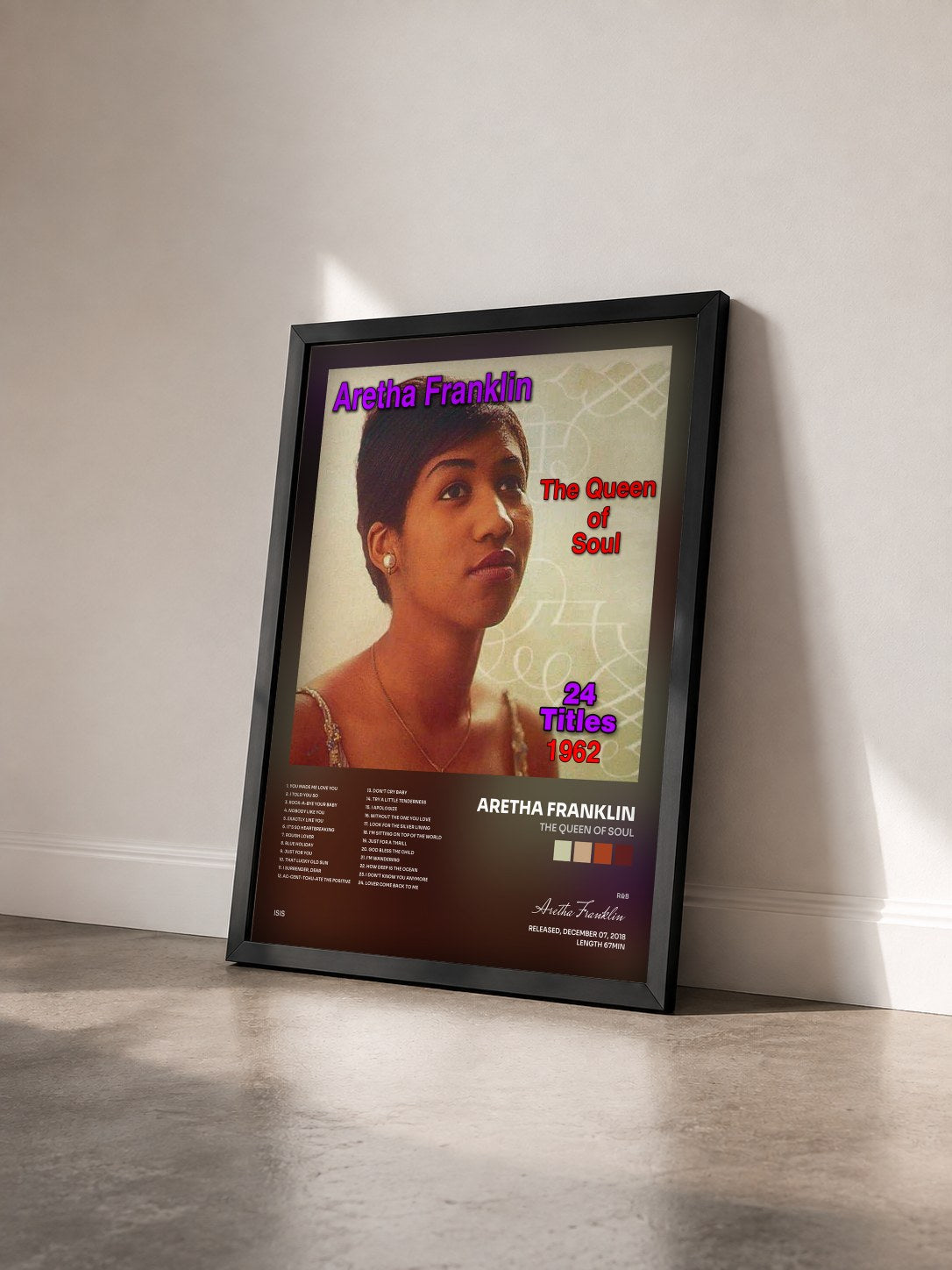 #noir Tableau de l'album The Queen of Soul de Aretha Franklin vu de trois quarts, cadre noir