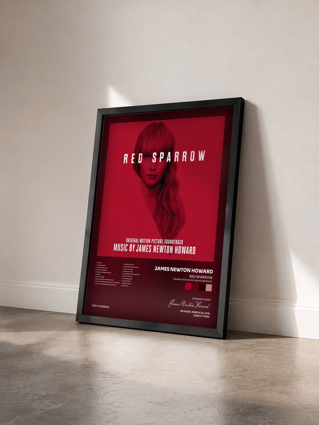 #noir Red Sparrow (Original Motion Picture Soundtrack) by James Newton Howard as a framed art print seen at an angle, black frame